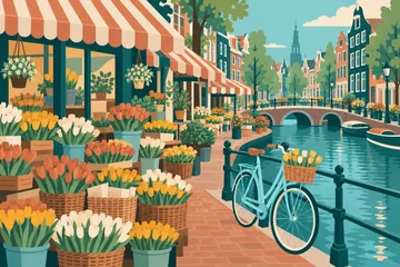 Gedetailleerde bloemenmarkt aan een gracht