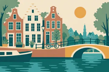 Grachtenpanden, brug en fiets in flat-stijl