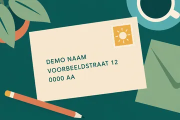 Adreskaart met duidelijk fictieve voorbeeldgegevens