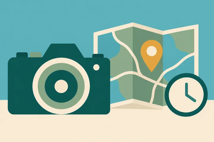 Camera met kaart en klok in flat-stijl
